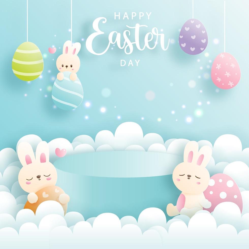 Happy Easter day with cute rabbit and round podium. Vector illustration.