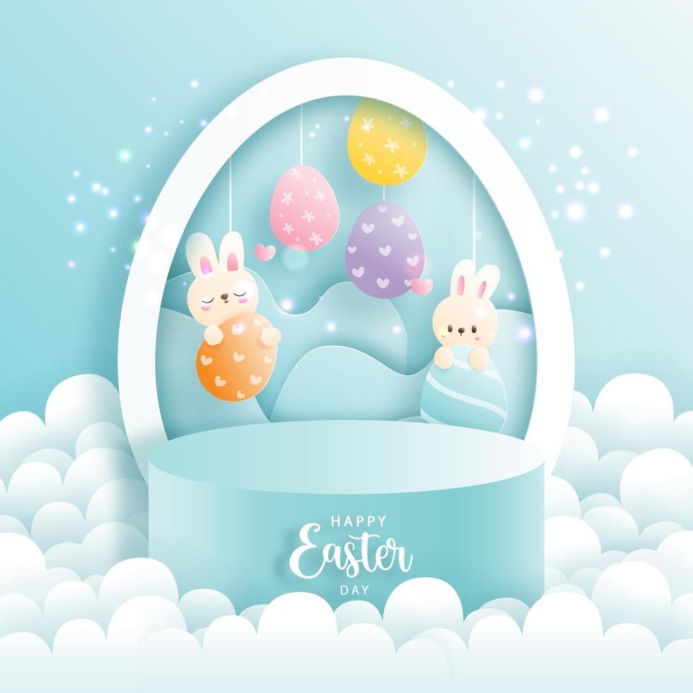 Happy Easter day with cute rabbit and round podium. Vector illustration.