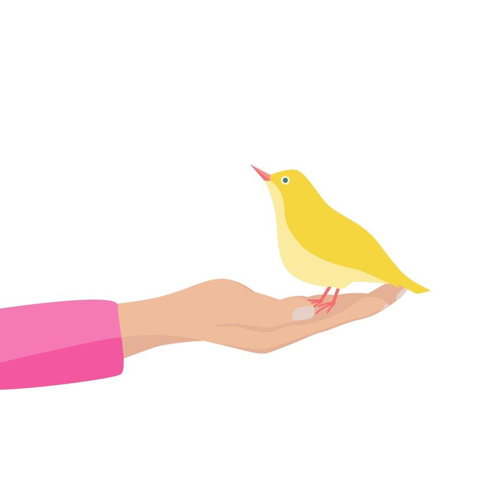 A yellow bird stands on the palm of your hand. Vector flat image