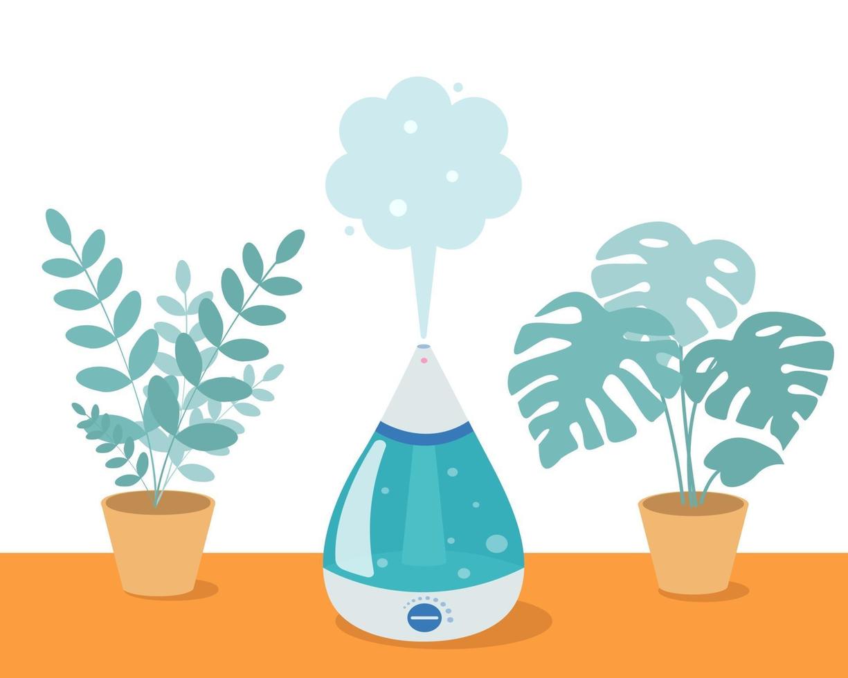 Humidificador con plantas caseras sobre la mesa de la habitación. dispositivo ultrasónico, aromatización del aire. ilustración vectorial en estilo de dibujos animados vector