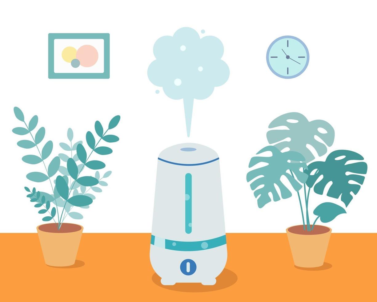 Humidifier with home plants on the table in the room. Ultrasonic device, air aromatization. Vector illustration in cartoon style