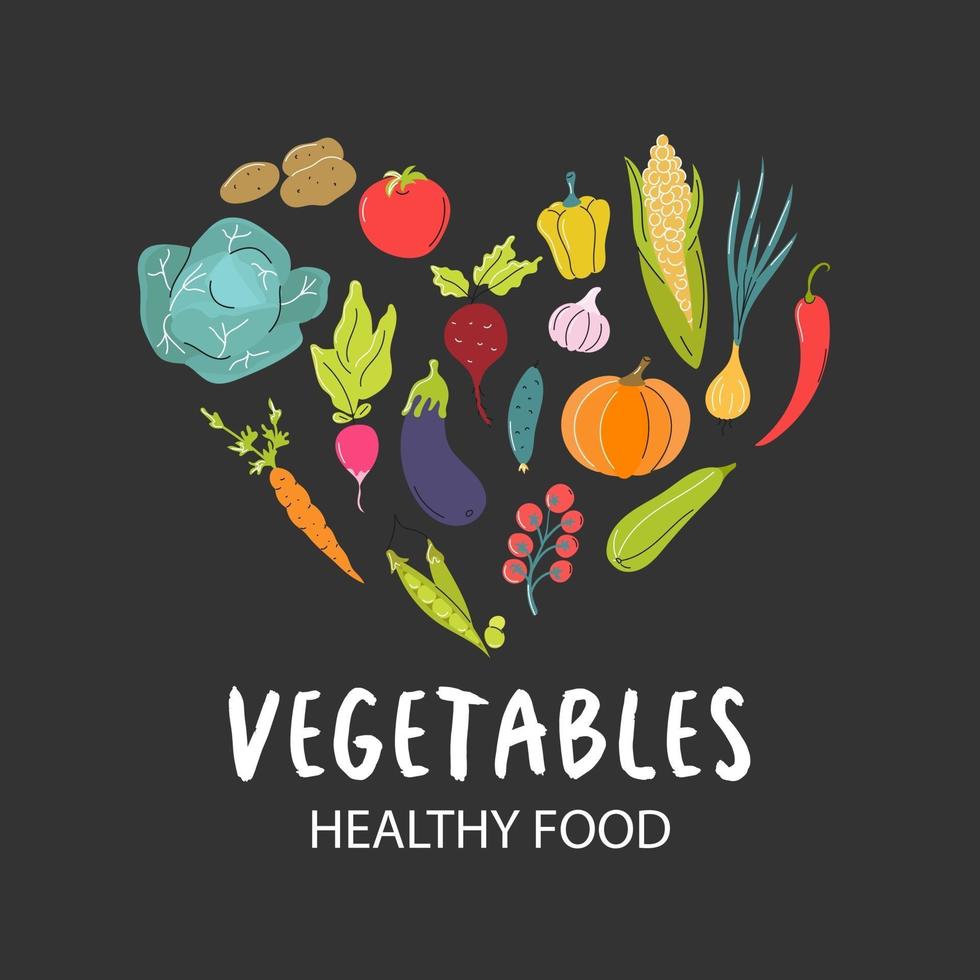 A set of fresh vegetables arranged in a heart shape on a dark gray background. Natural food, vegetarianism. Vector flat image, icon