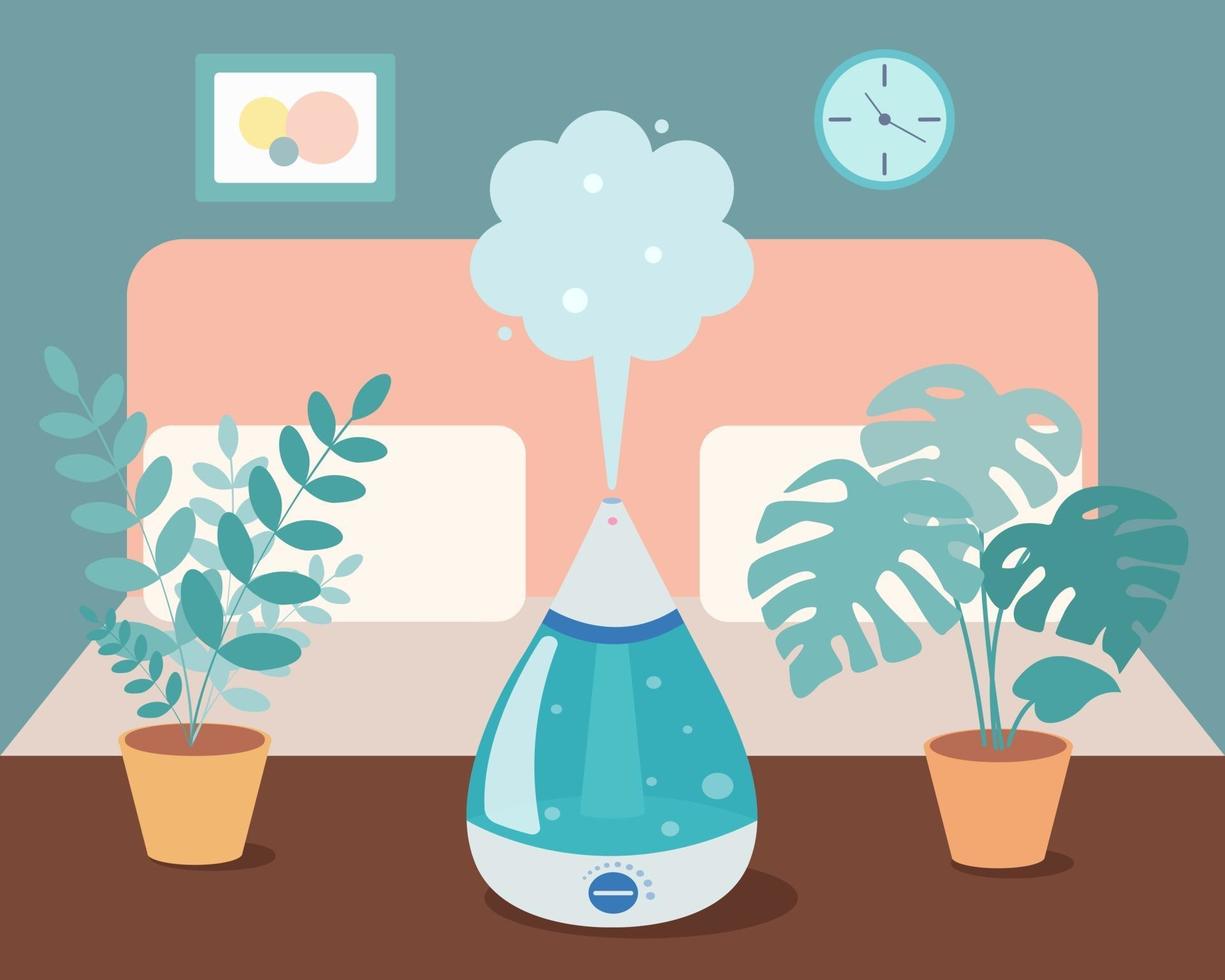 Humidificador en el dormitorio con plantas caseras sobre la mesa. dispositivo ultrasónico, aromatización del aire. ilustración vectorial en estilo de dibujos animados vector