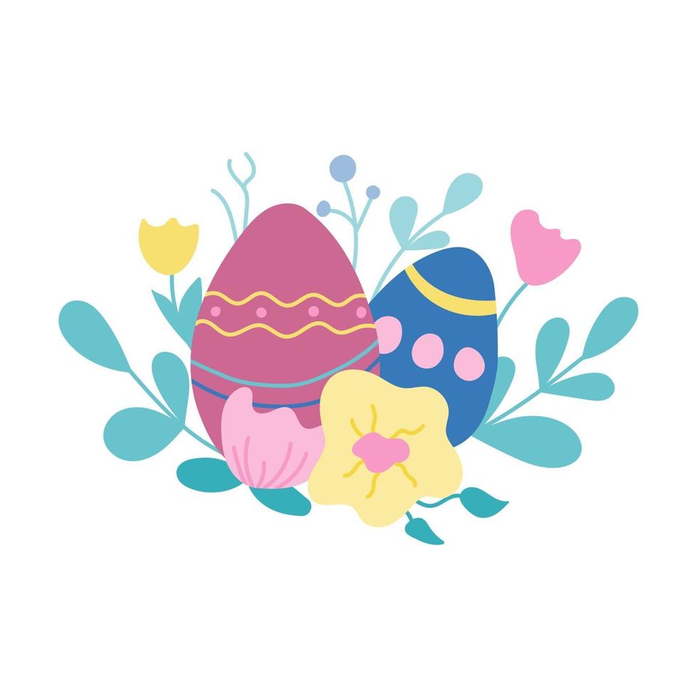 coloridos huevos de pascua entre flores y plantas. ilustración vectorial en un estilo plano sobre un fondo blanco vector