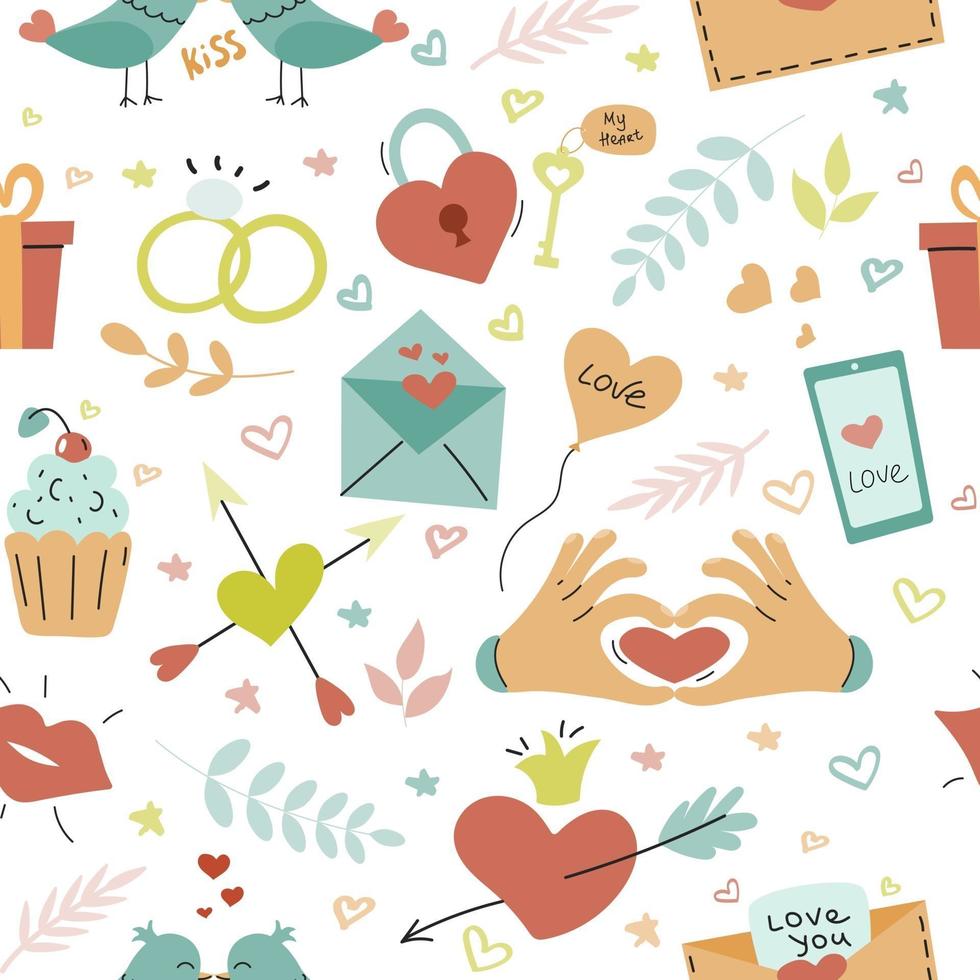 Valentine's Day, various elements on a white background, wallpaper. Vector seamless pattern