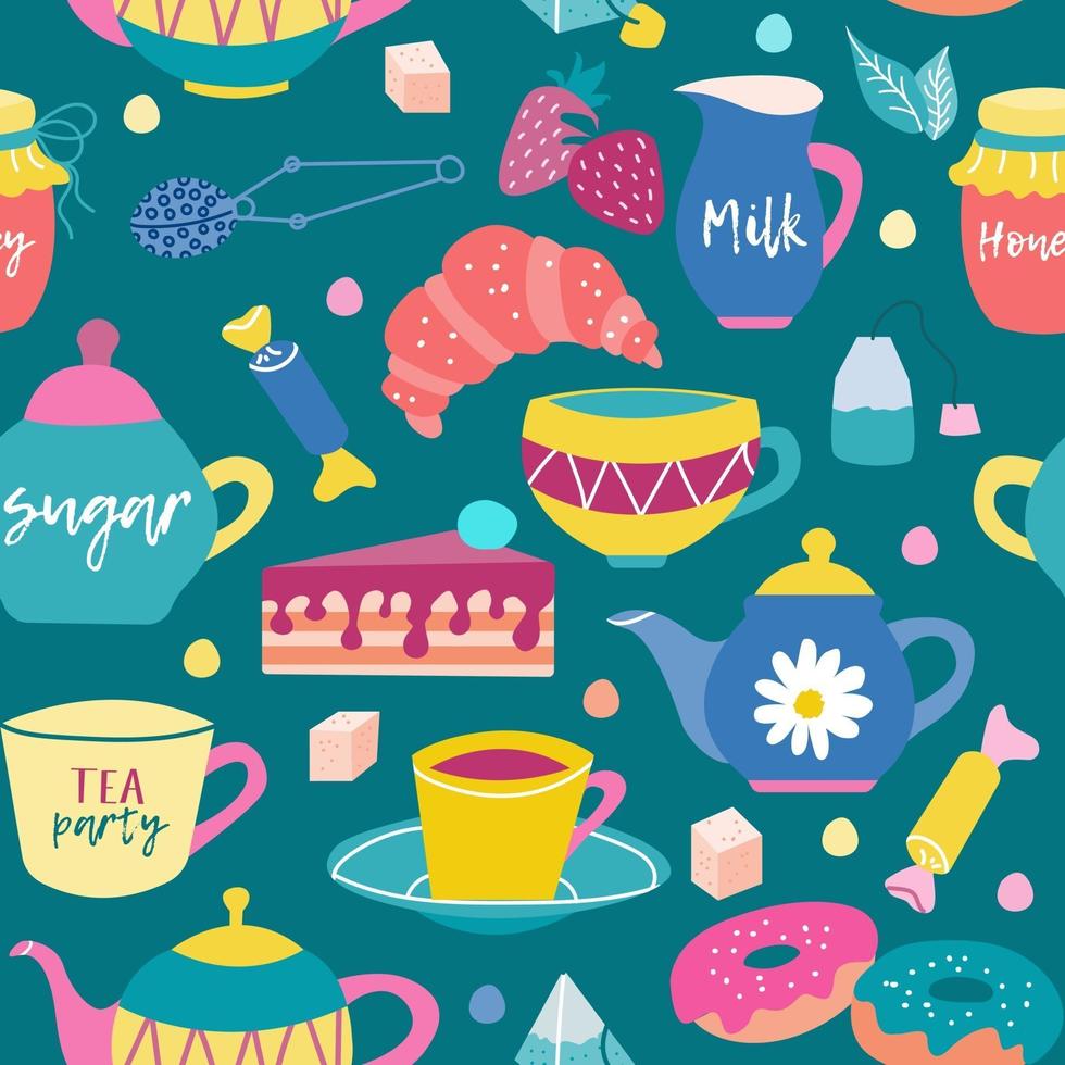Tea party, breakfast, sweets and dishes. Vector seamless pattern