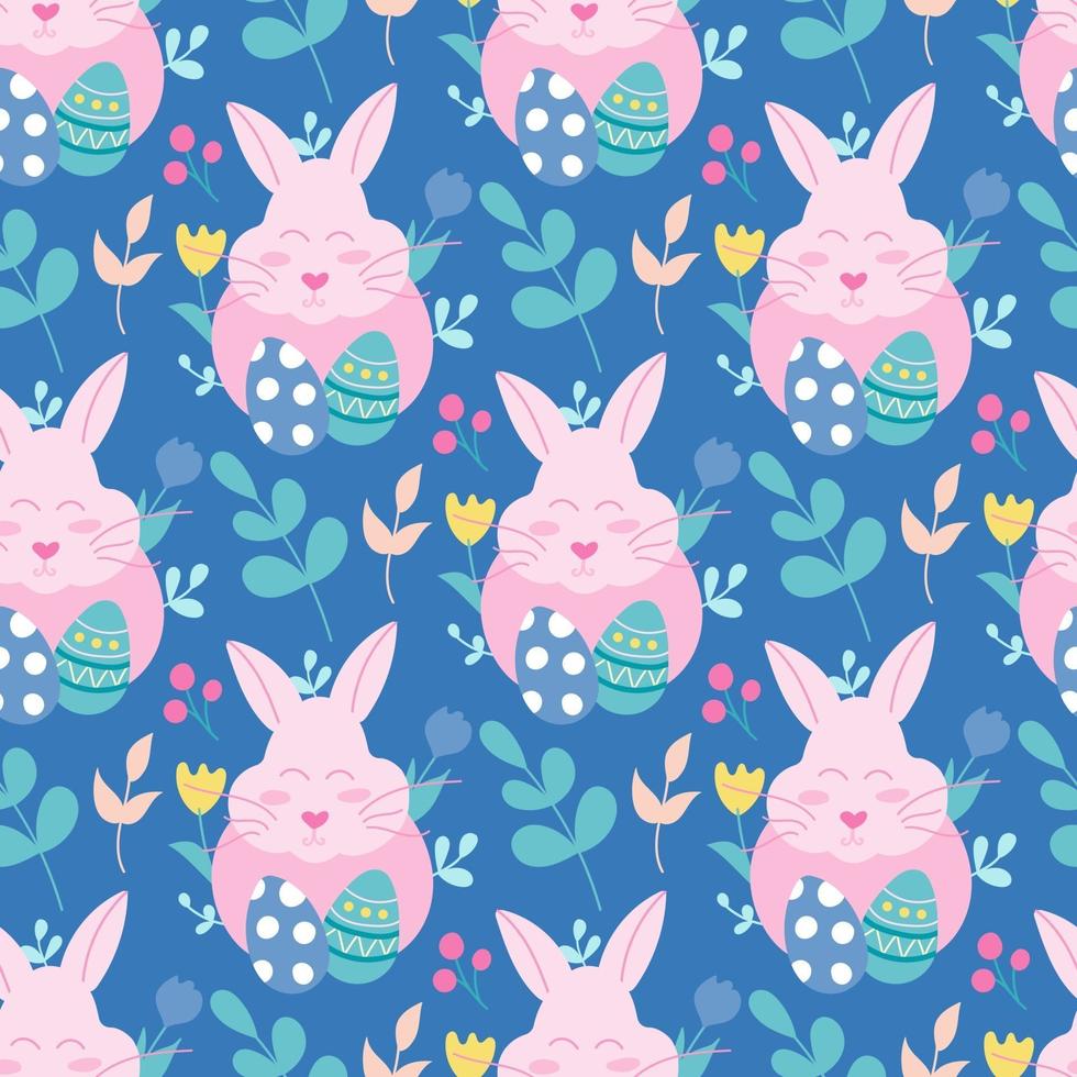 Pink Easter bunny with eggs and plants on a blue background. Vector seamless pattern