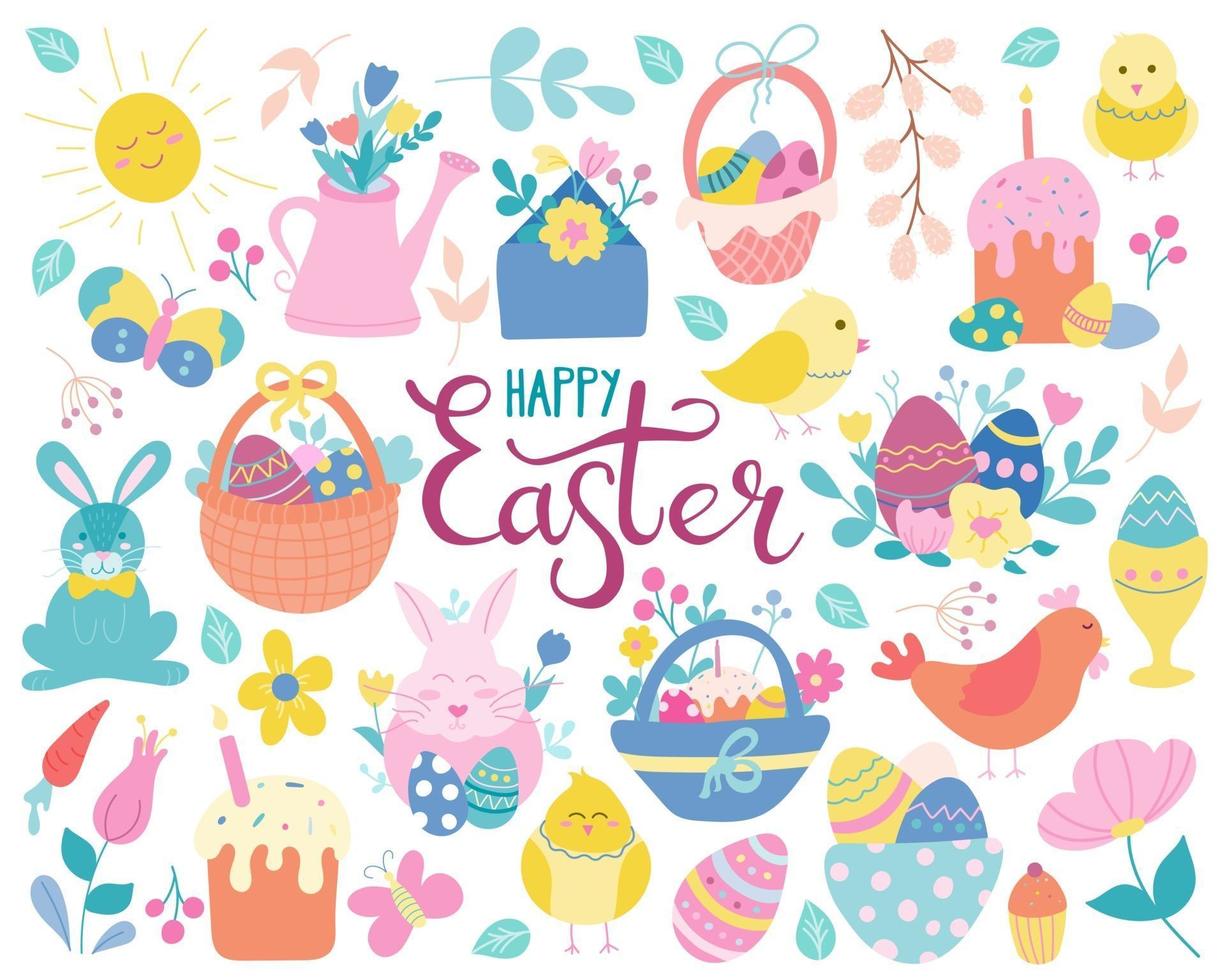 A large hand-drawn Easter set in a flat style. Eggs, chickens, rabbit, willow, baskets, flowers and cakes. Vector illustration is perfect for greeting cards, posters, decoration