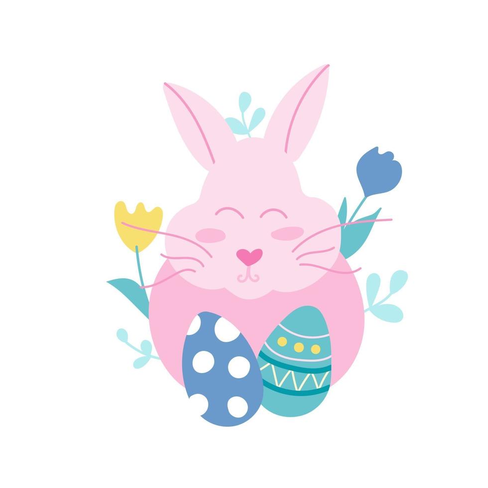 Pink cute rabbit with Easter eggs among flowers and plants on a white background. Vector flat illustration