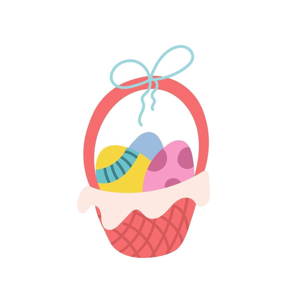 canasta con coloridos huevos de pascua sobre un fondo blanco. vector ilustración plana