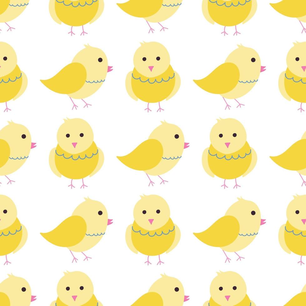 Cute yellow chickens on a white background. Vector seamless pattern in flat style