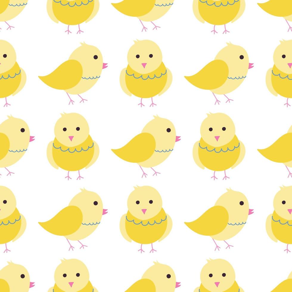 Cute yellow chickens on a white background. Vector seamless pattern in flat style