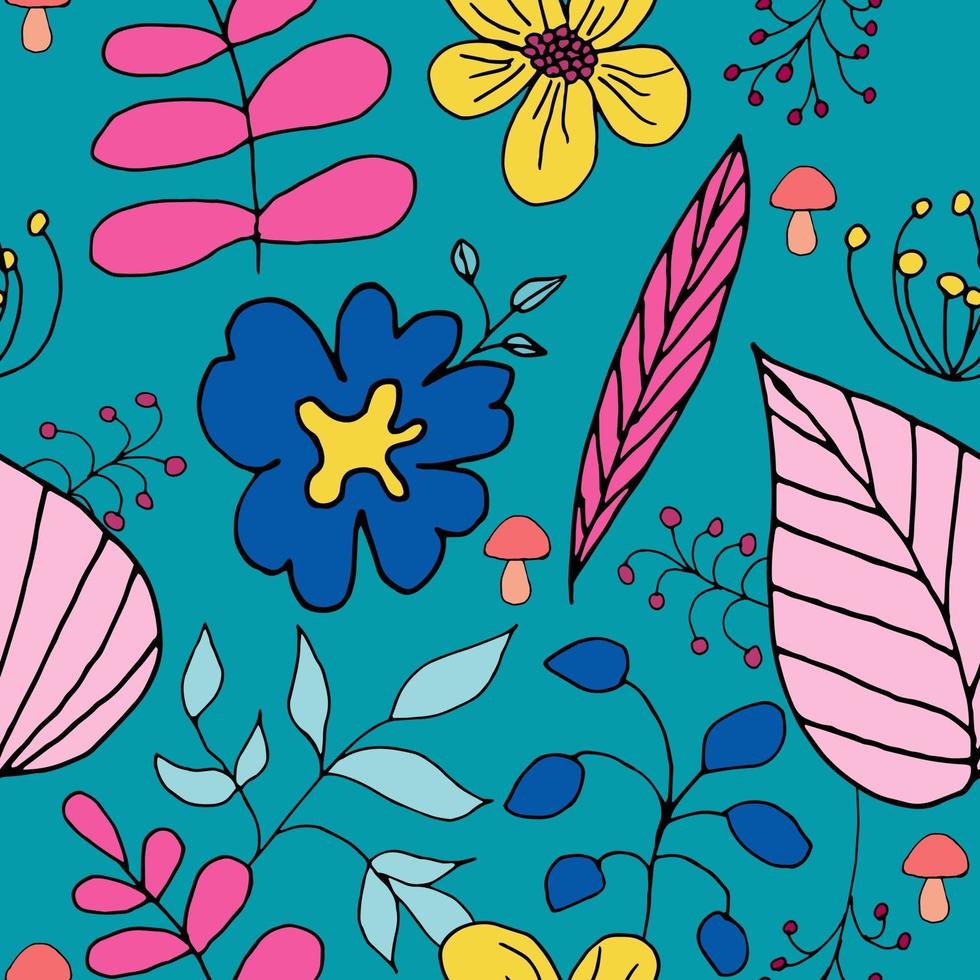 Vector seamless pattern with Doodle-style plants on a dark background, multi-colored elements with a black outline