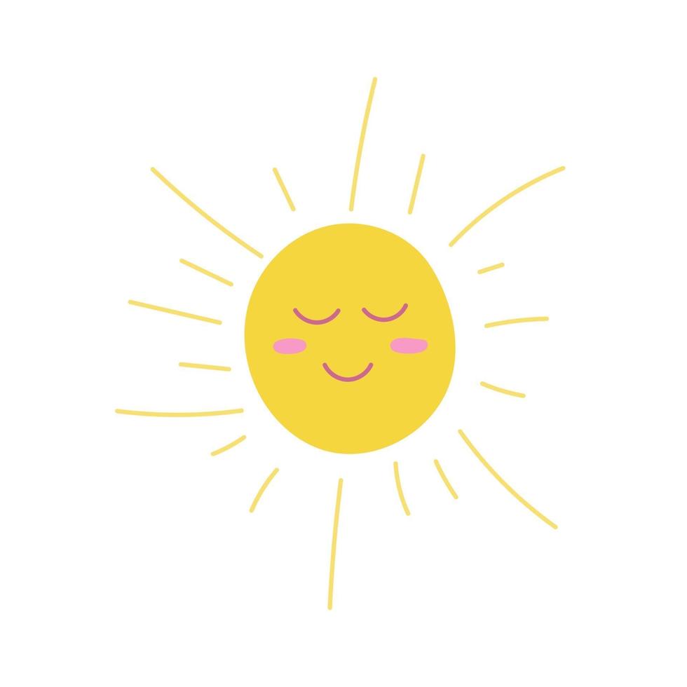 Yellow sun with closed eyes and a smile on a white background. Vector flat illustration in cartoon style