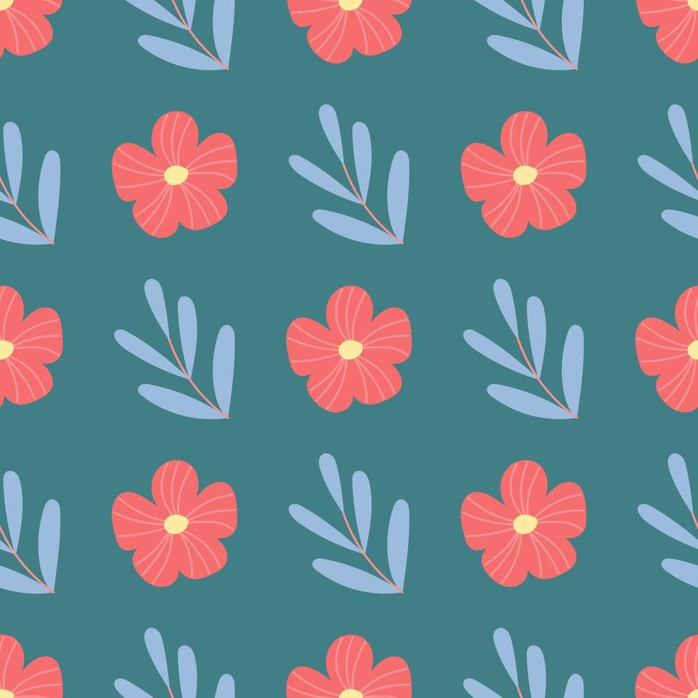 Cute flowers, plants on a green background. Vector seamless floral pattern in flat style