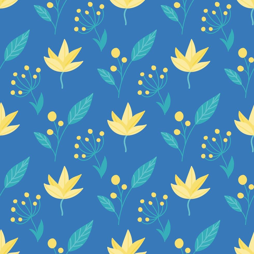 Cute yellow-green flowers, plants on a blue background. Vector seamless floral pattern in flat style