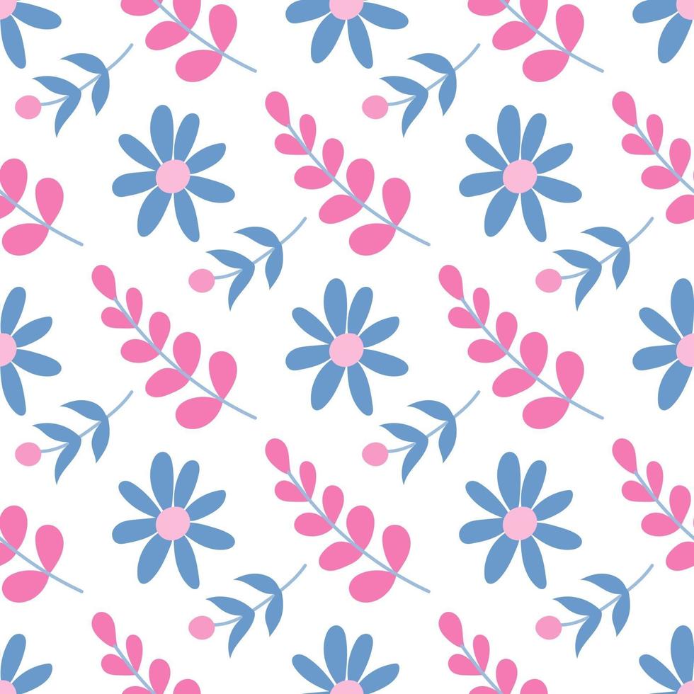 lindas flores rosas y azules sobre un fondo blanco. vector de patrones sin fisuras en estilo plano