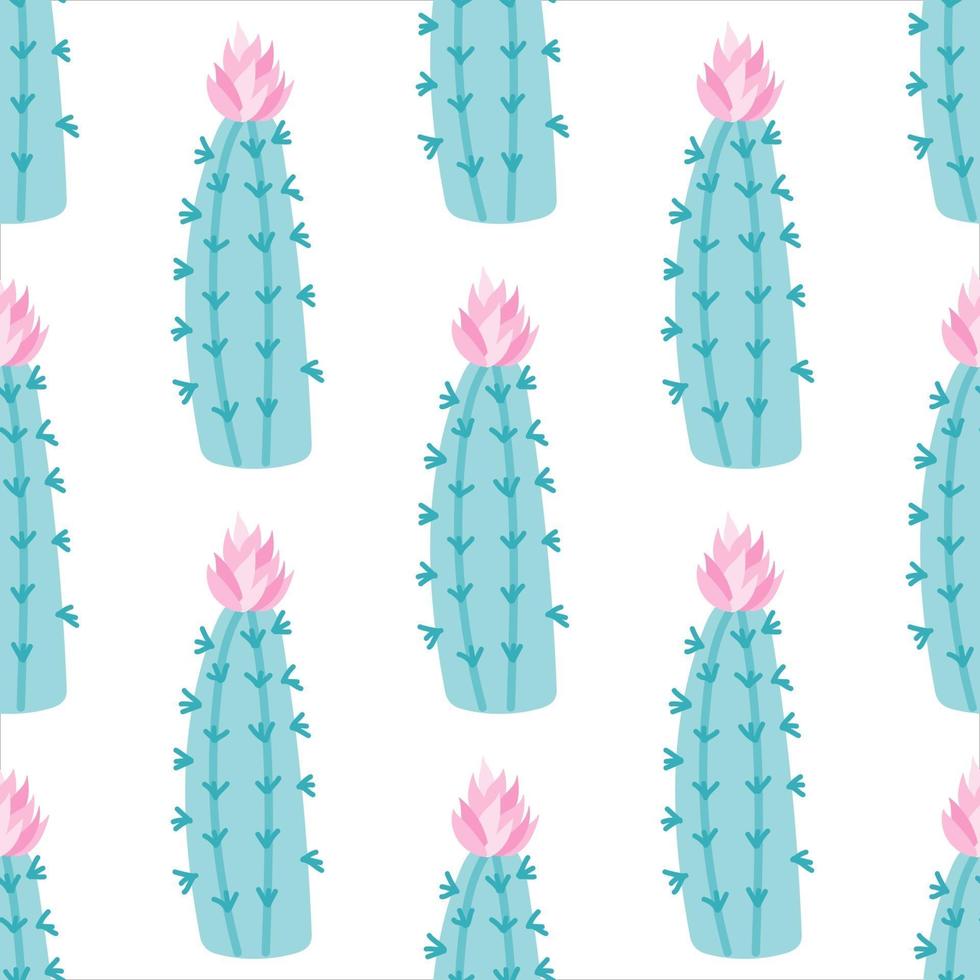 A cactus with a pink flower on a white background. Vector seamless pattern in flat style