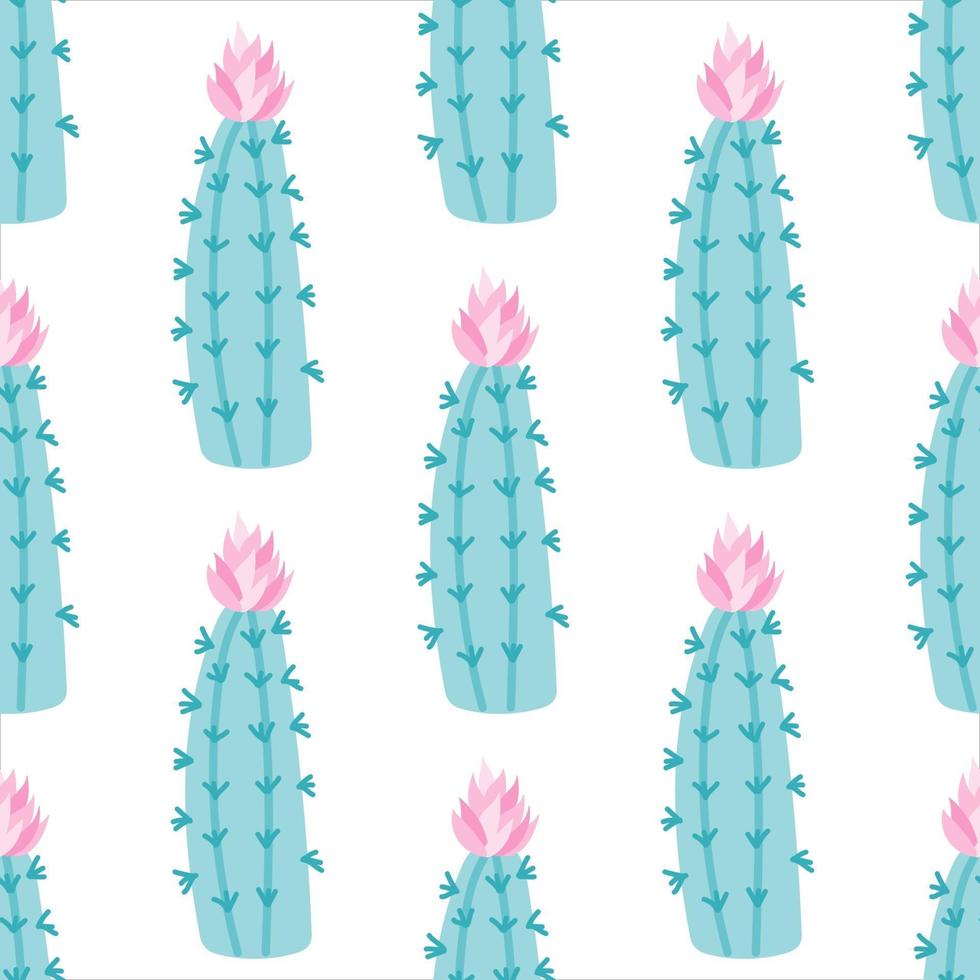 un cactus con una flor rosa sobre un fondo blanco. vector de patrones sin fisuras en estilo plano