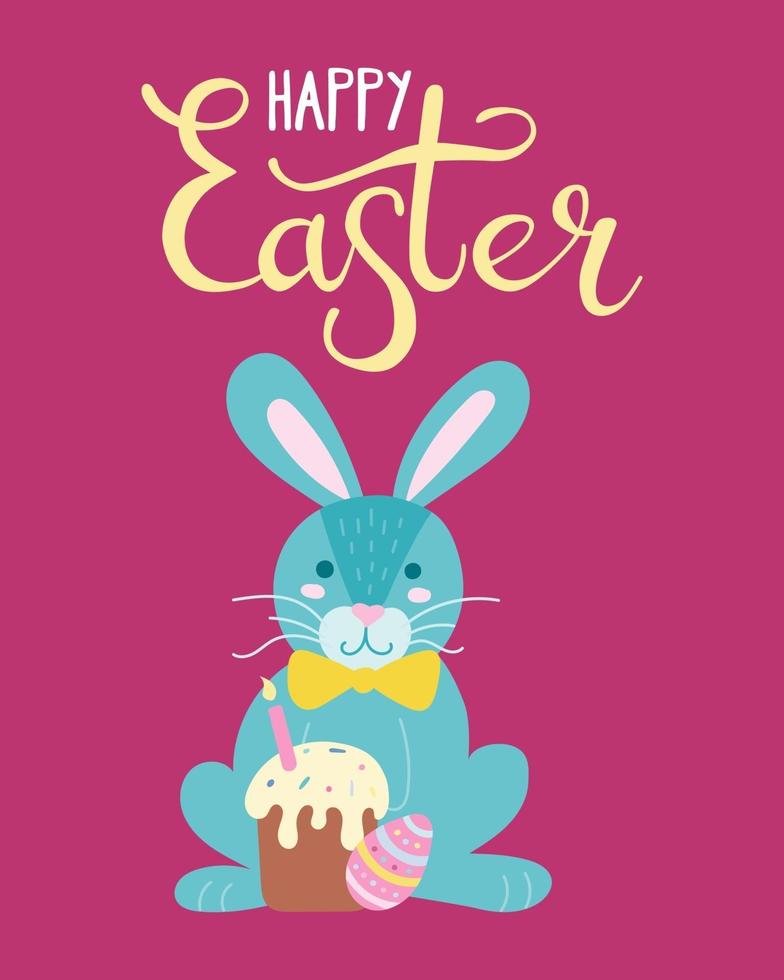 lindo conejo con un pastel y un huevo de pascua. tarjeta de felicitación, cartel. ilustración vectorial en estilo plano con letras a mano vector