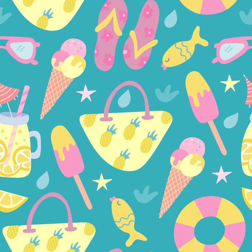 Summer beach seamless pattern in flat style. Beach bag, ice cream, lemonade, flip-flops, sunglasses. Vector illustration
