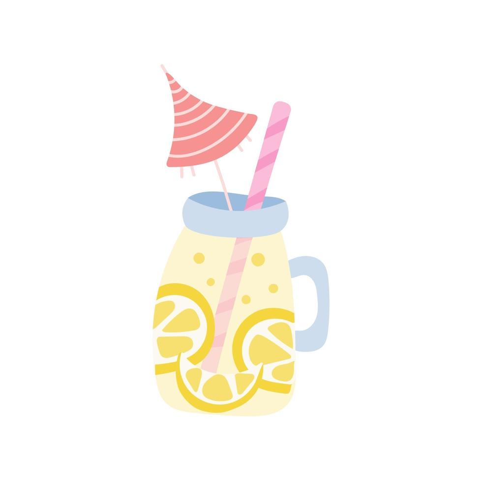 Lemonade in a jar with a straw and an umbrella on a white background. Vector illustration, icon
