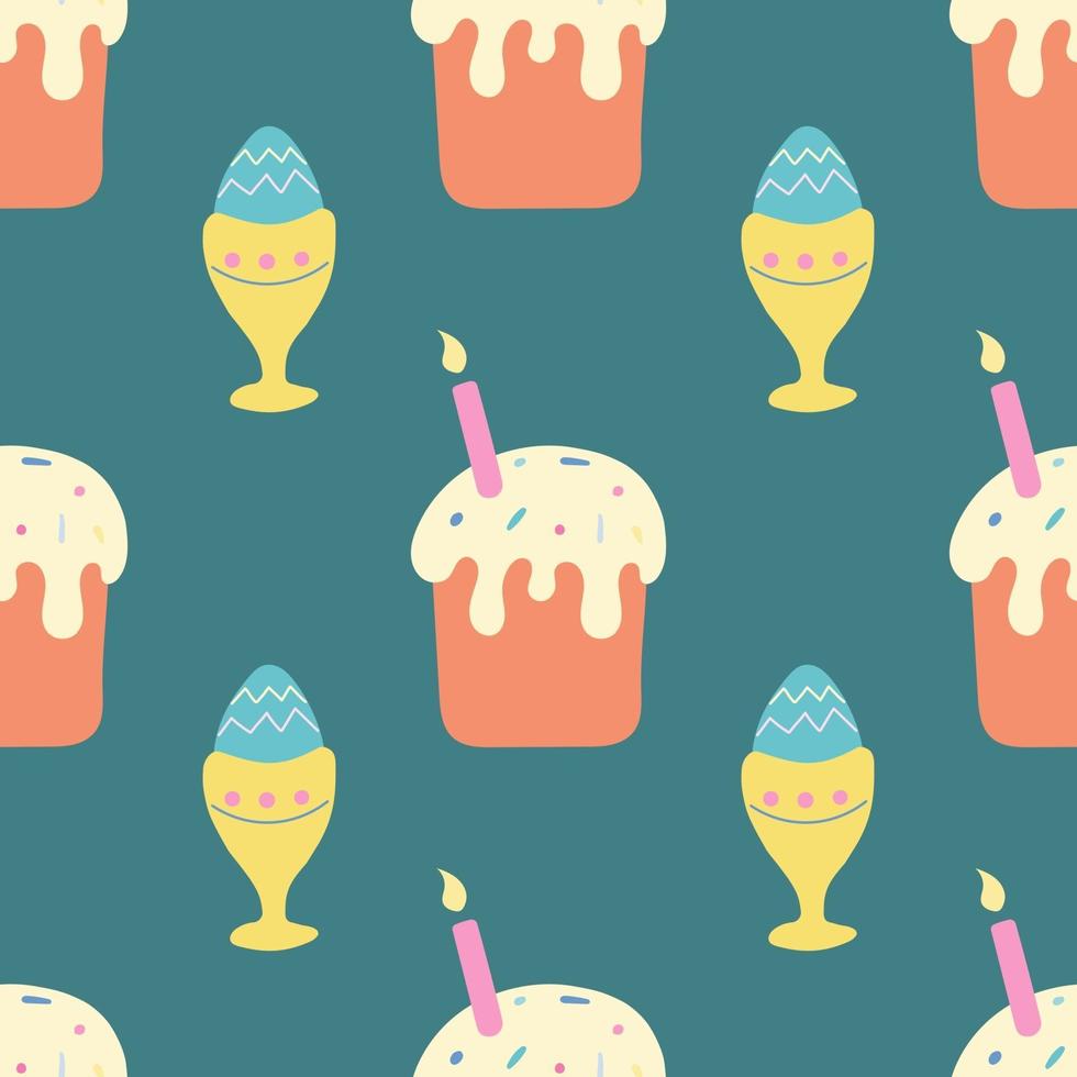 Easter cake and egg on a green background. Vector seamless pattern in flat style
