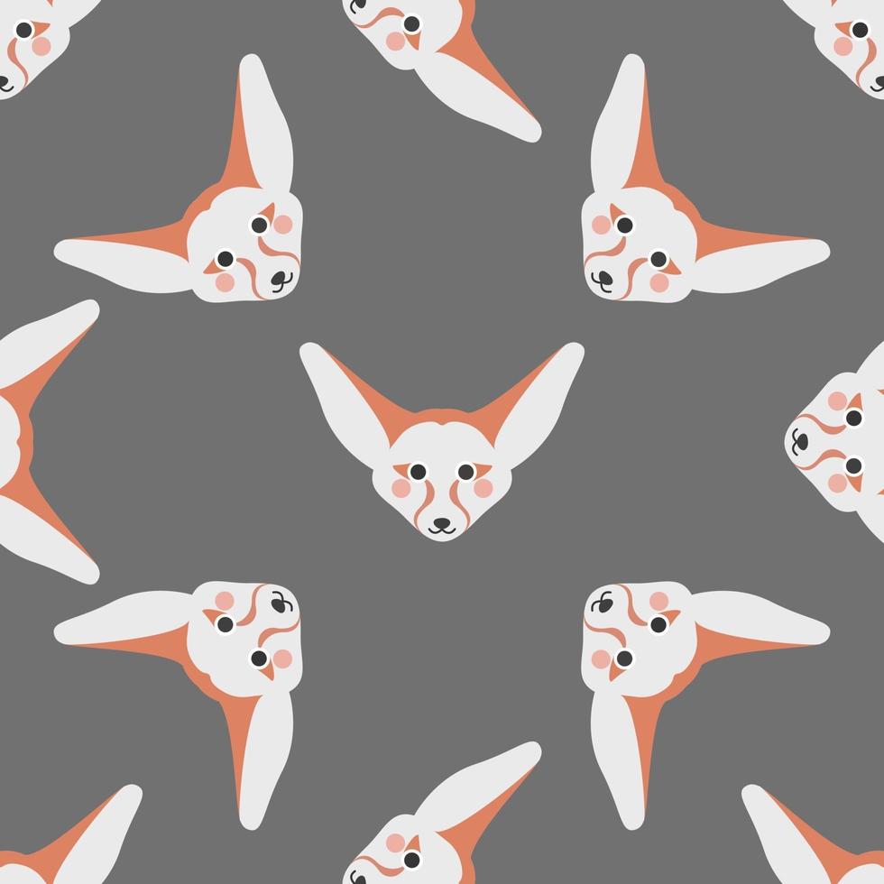Cute face of Fennec fox on a gray background. Vector seamless pattern in a flat style. Wallpaper, print