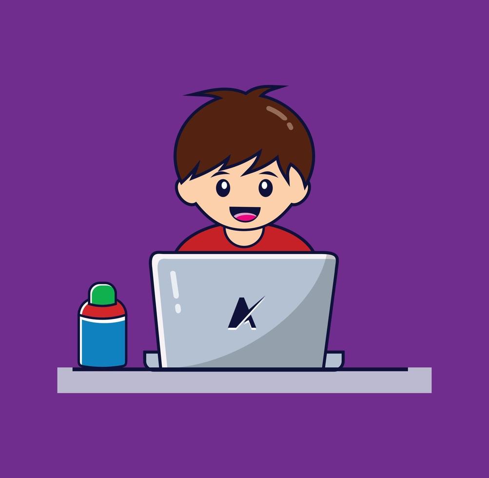 Cartoon Boy Learning At Desk With Laptop vector