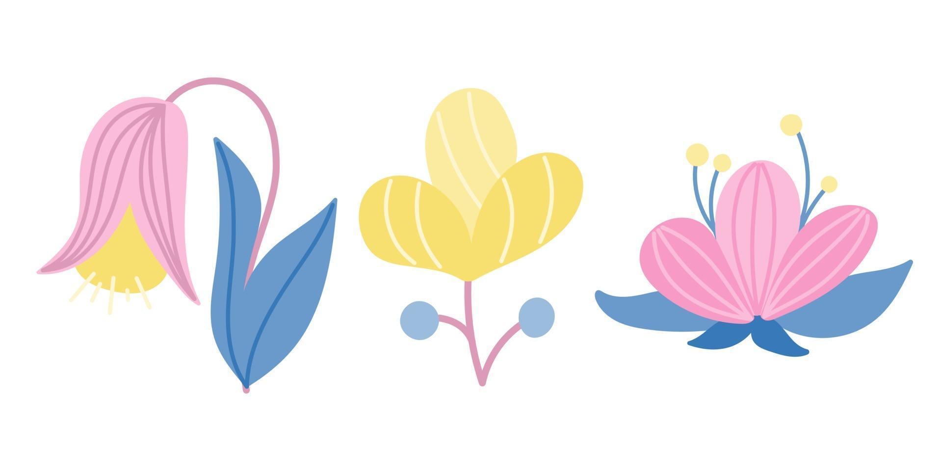 Set of three flowers in pink and blue with yellow on a white background. Vector illustration in a flat style. Icons, elements for decoration