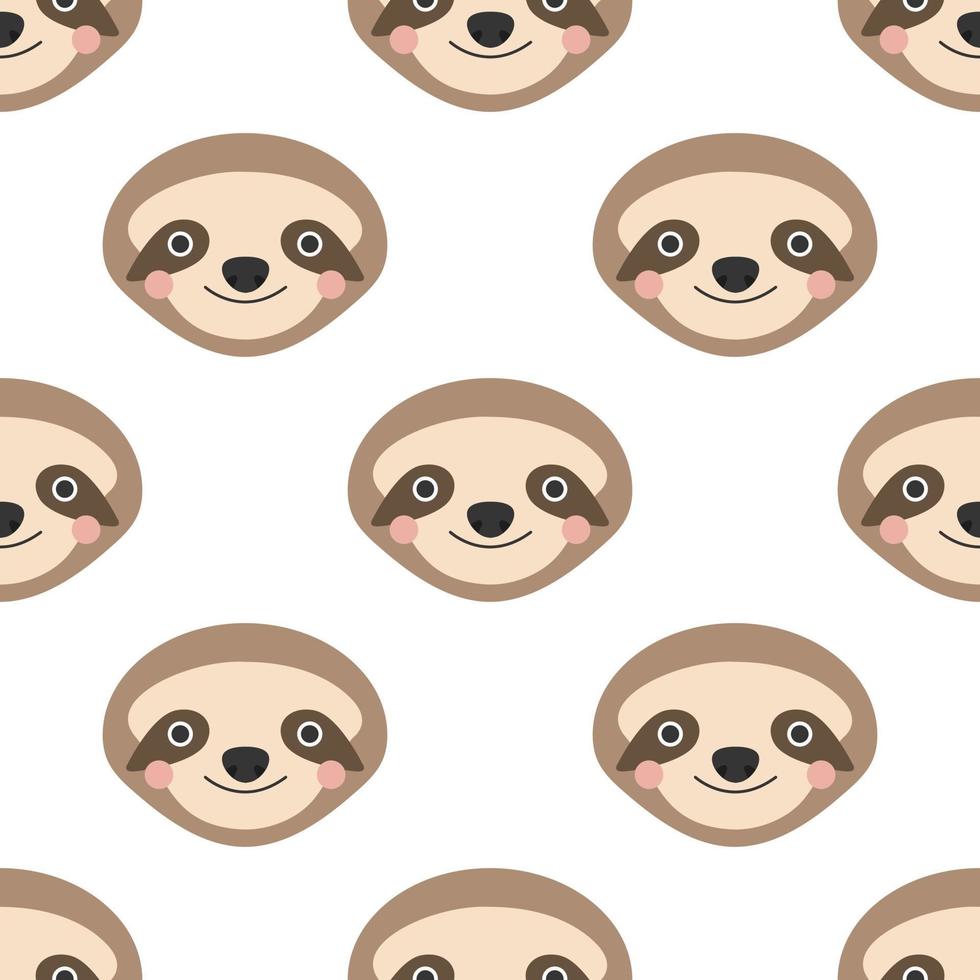 Cute sloth face on a white background. Vector seamless pattern in flat style