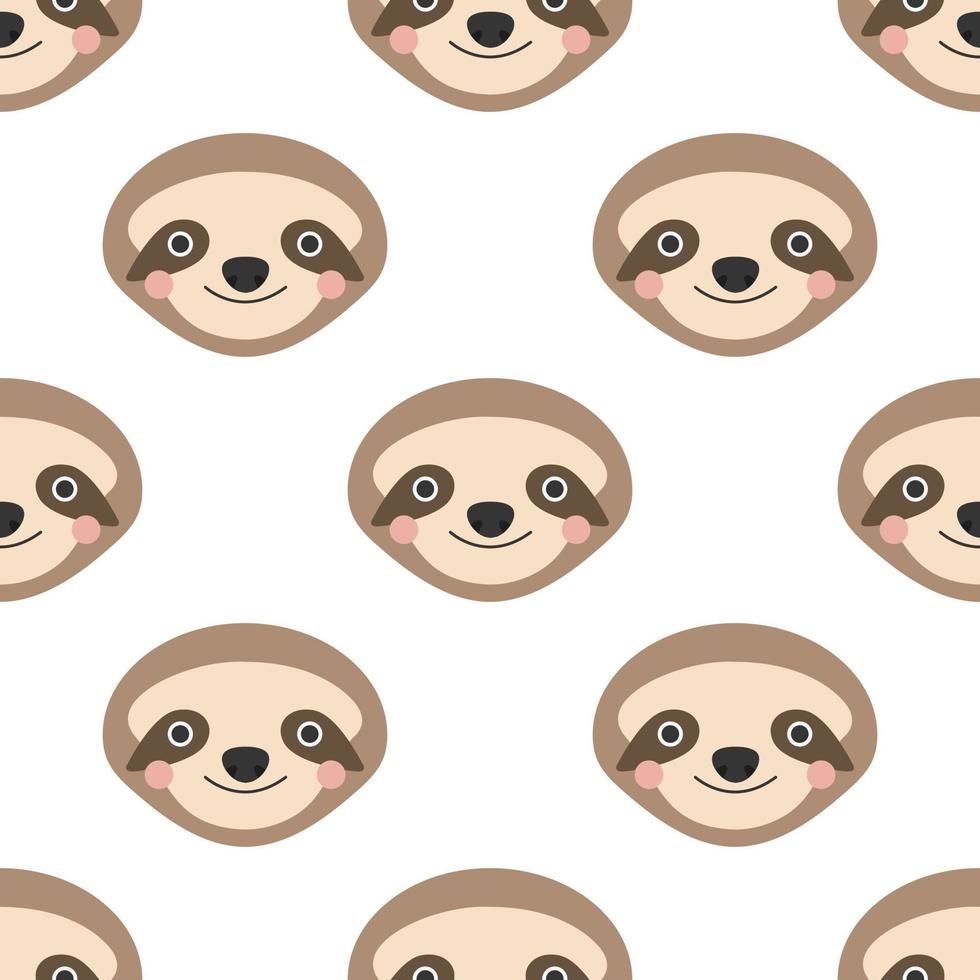 Cute sloth face on a white background. Vector seamless pattern in flat style