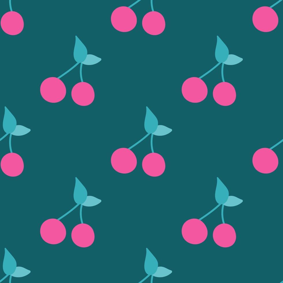 Pink cherry on a dark green background. Vector seamless pattern in flat style