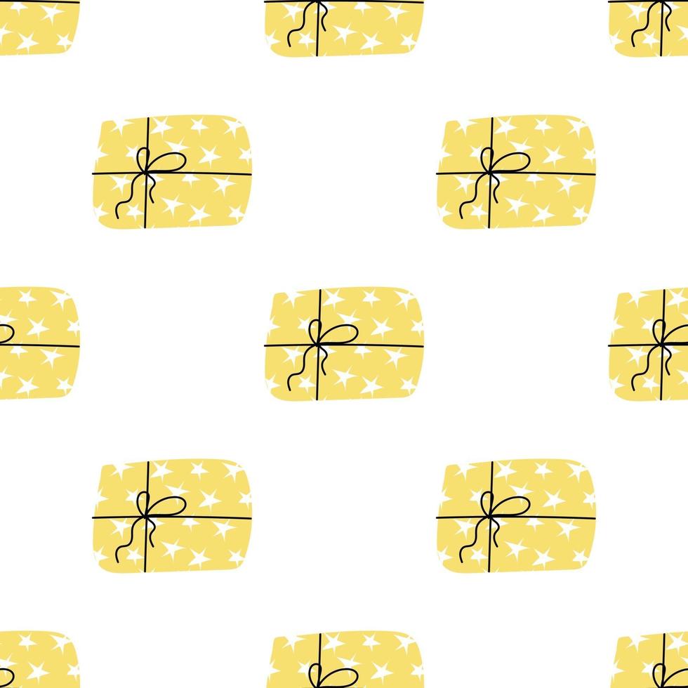 un regalo en un paquete amarillo con estrellas sobre un fondo blanco. vector de patrones sin fisuras