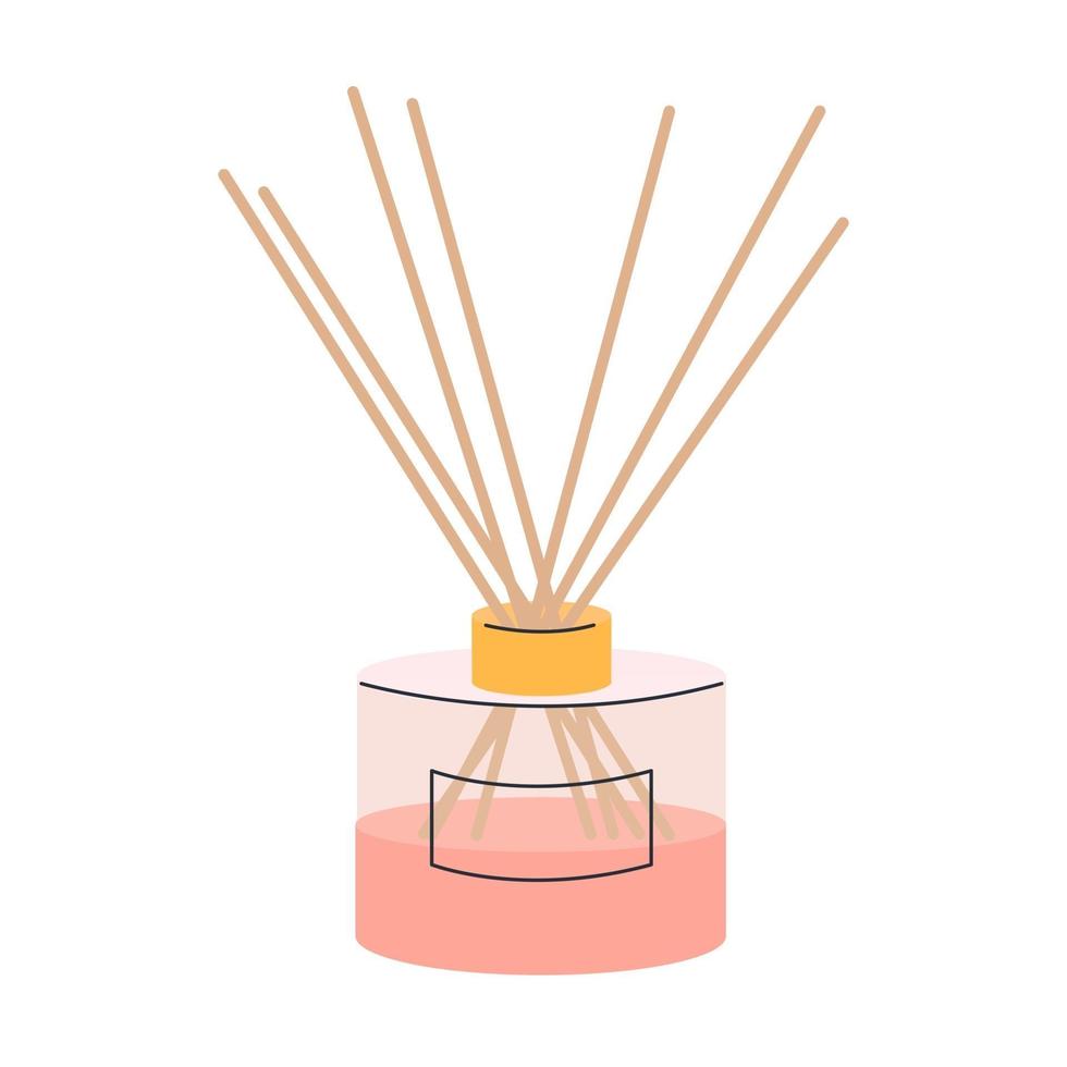 Difusor de aroma con palos de bambú para el hogar sobre un fondo blanco. ilustración vectorial en color rosa en polvo, icono vector