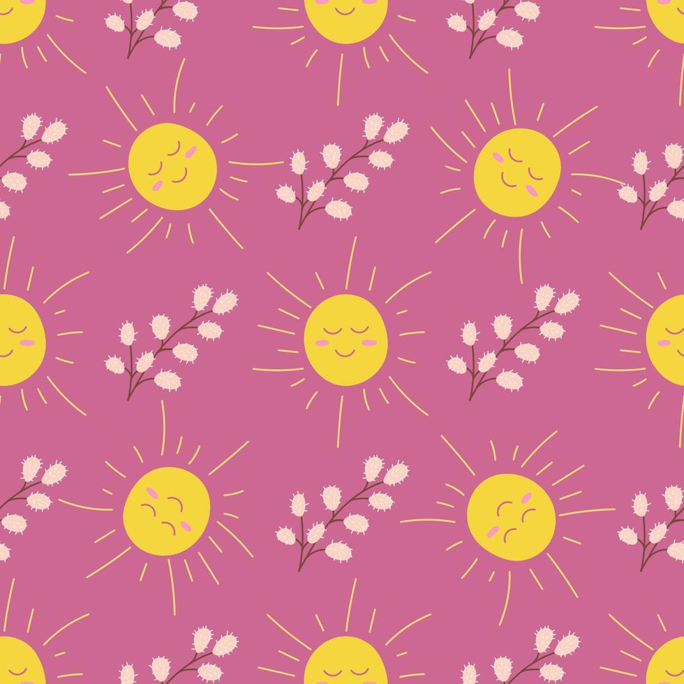 The sun and a willow branch on a pink background. Vector seamless pattern in flat style