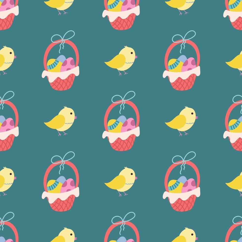 A chicken and a basket of Easter eggs on a green background. Vector seamless pattern in flat style