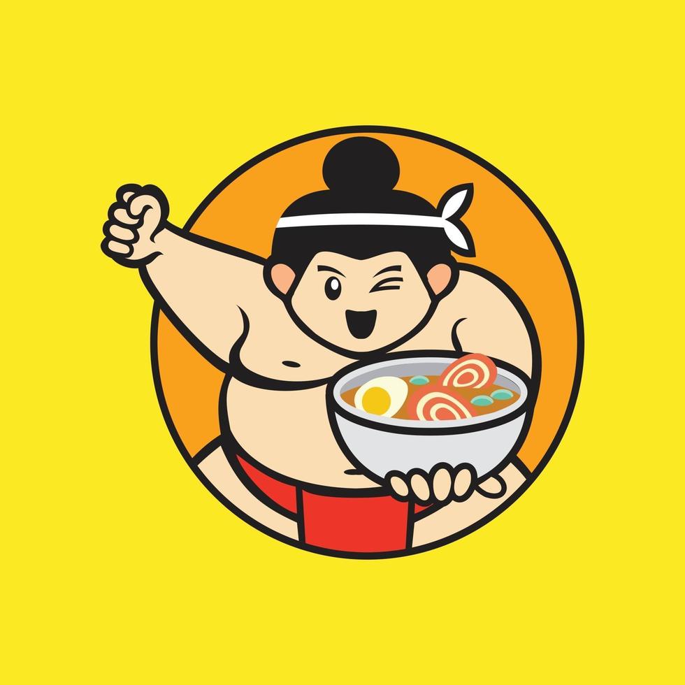 sumo con estilo de dibujos animados comiendo vector de diseño de mascota ramen