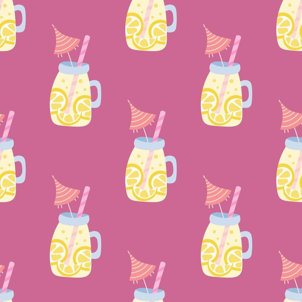 Lemonade in a jar with a straw and an umbrella on a pink background. Vector summer seamless pattern