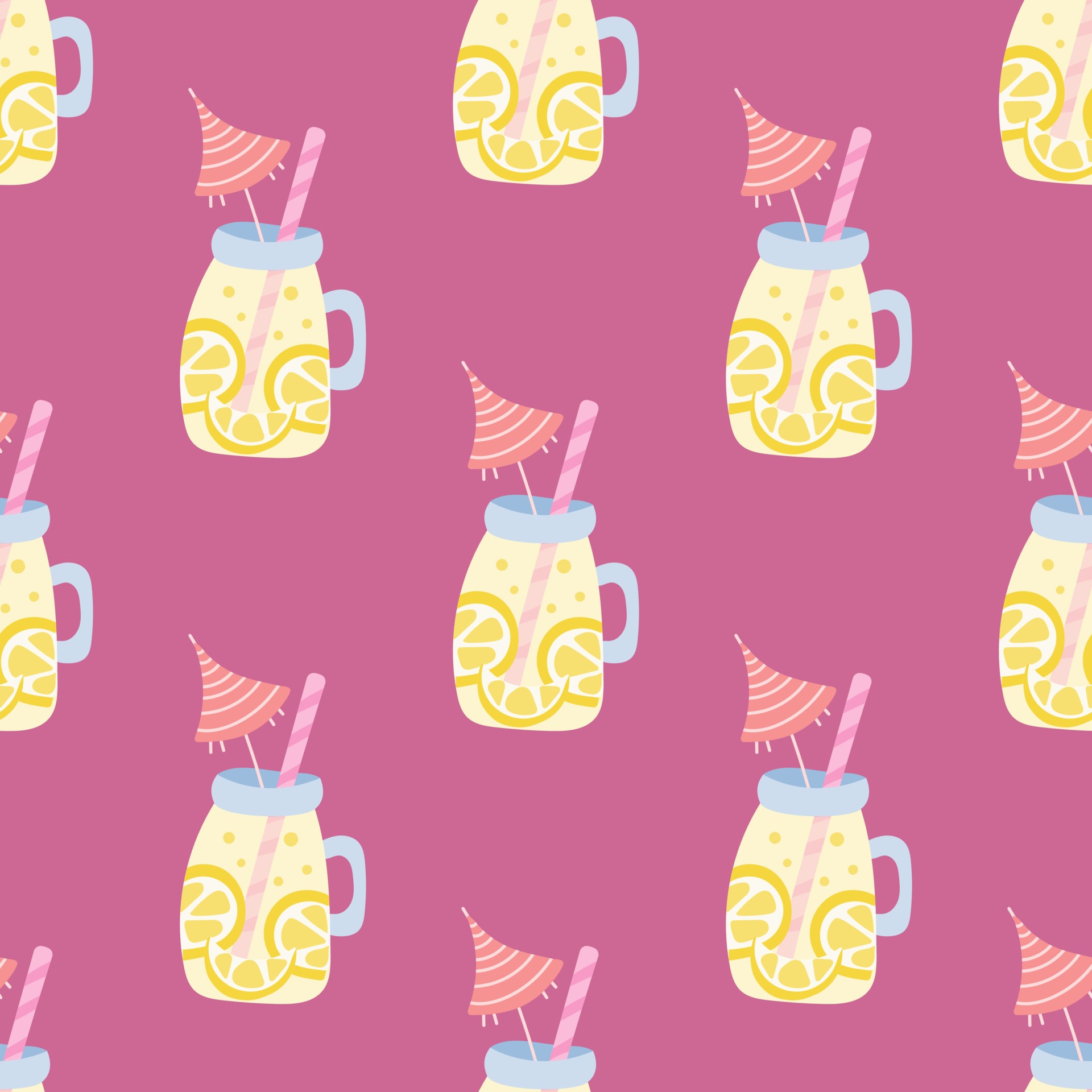 Lemonade in a jar with a straw and an umbrella on a pink background