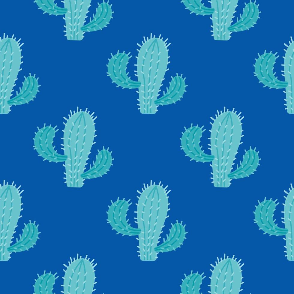 Cactus with needles on a dark blue background. Vector seamless pattern