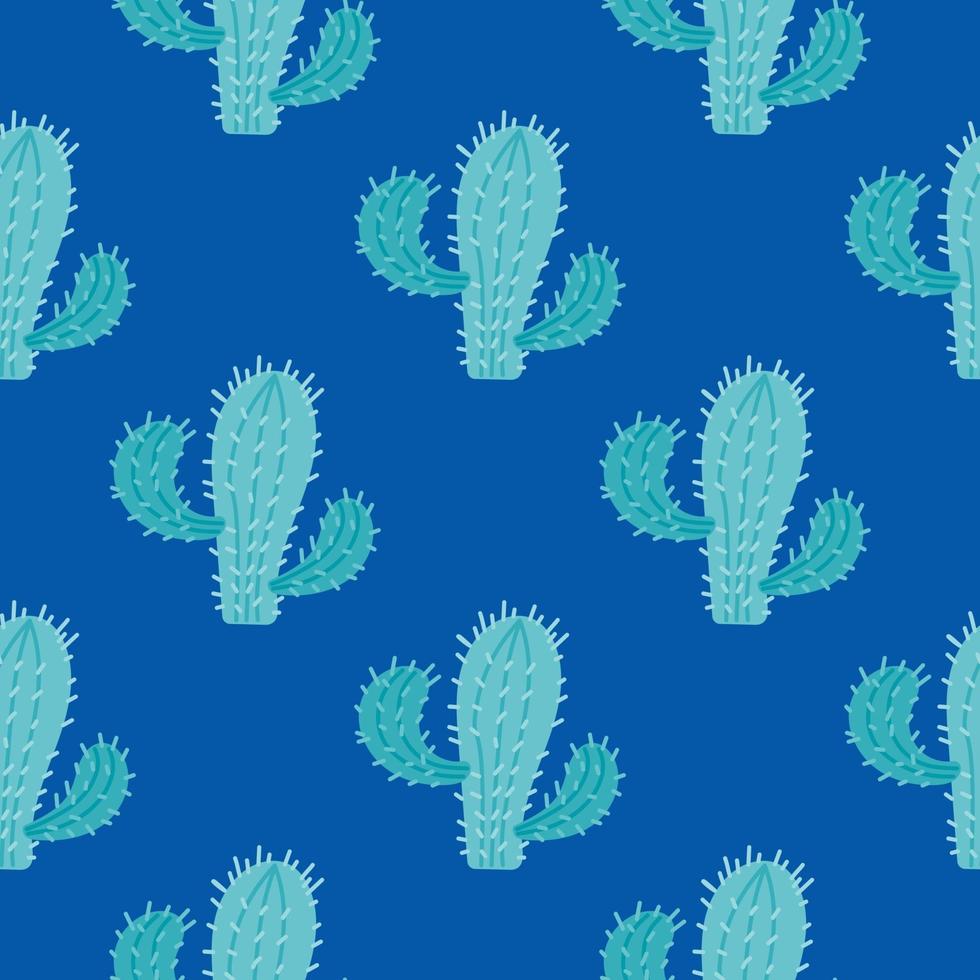 Cactus with needles on a dark blue background. Vector seamless pattern