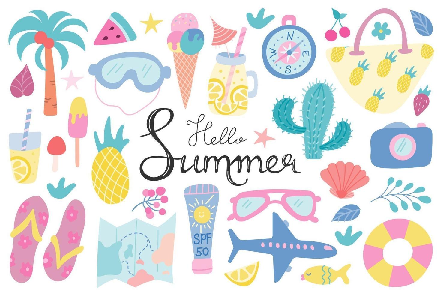 Summer beach set of elements with hand lettering on a white background. Recreation, tourism. Vector images in a flat style