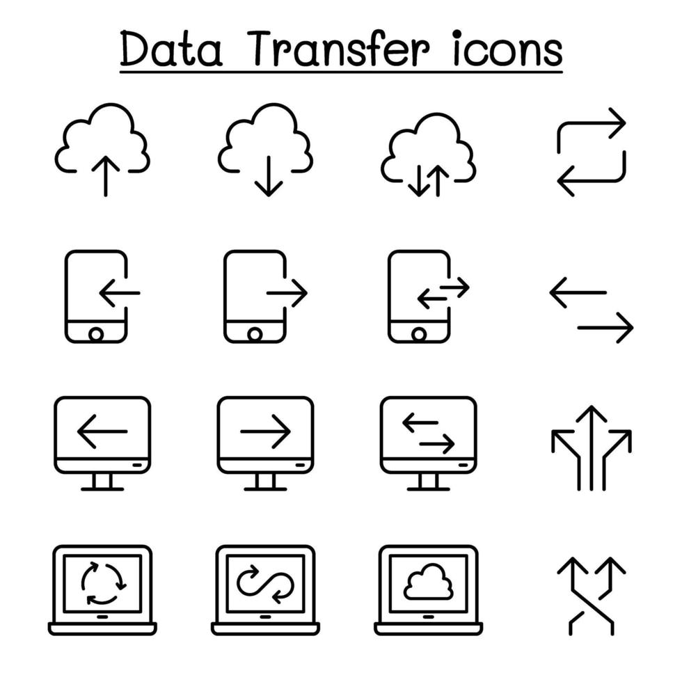Cloud computer, data transmission, data mining, data warehouse, download, upload icon set in thin line style vector