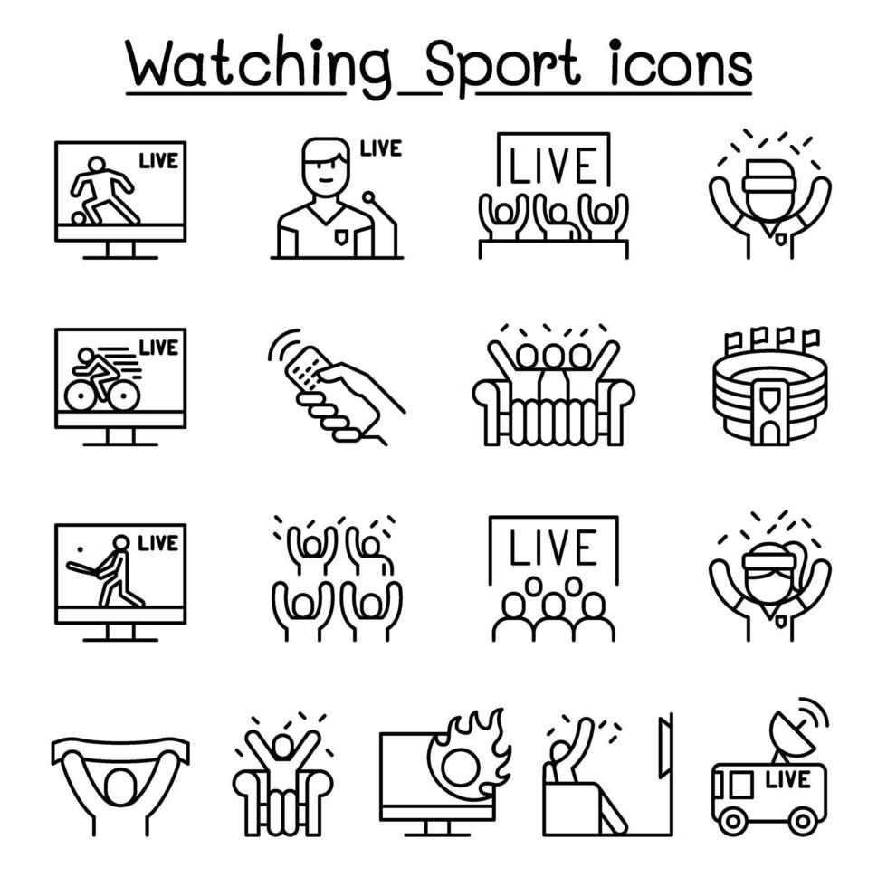 Watching sport on tv, sport broadcasting icon set in thin line style vector