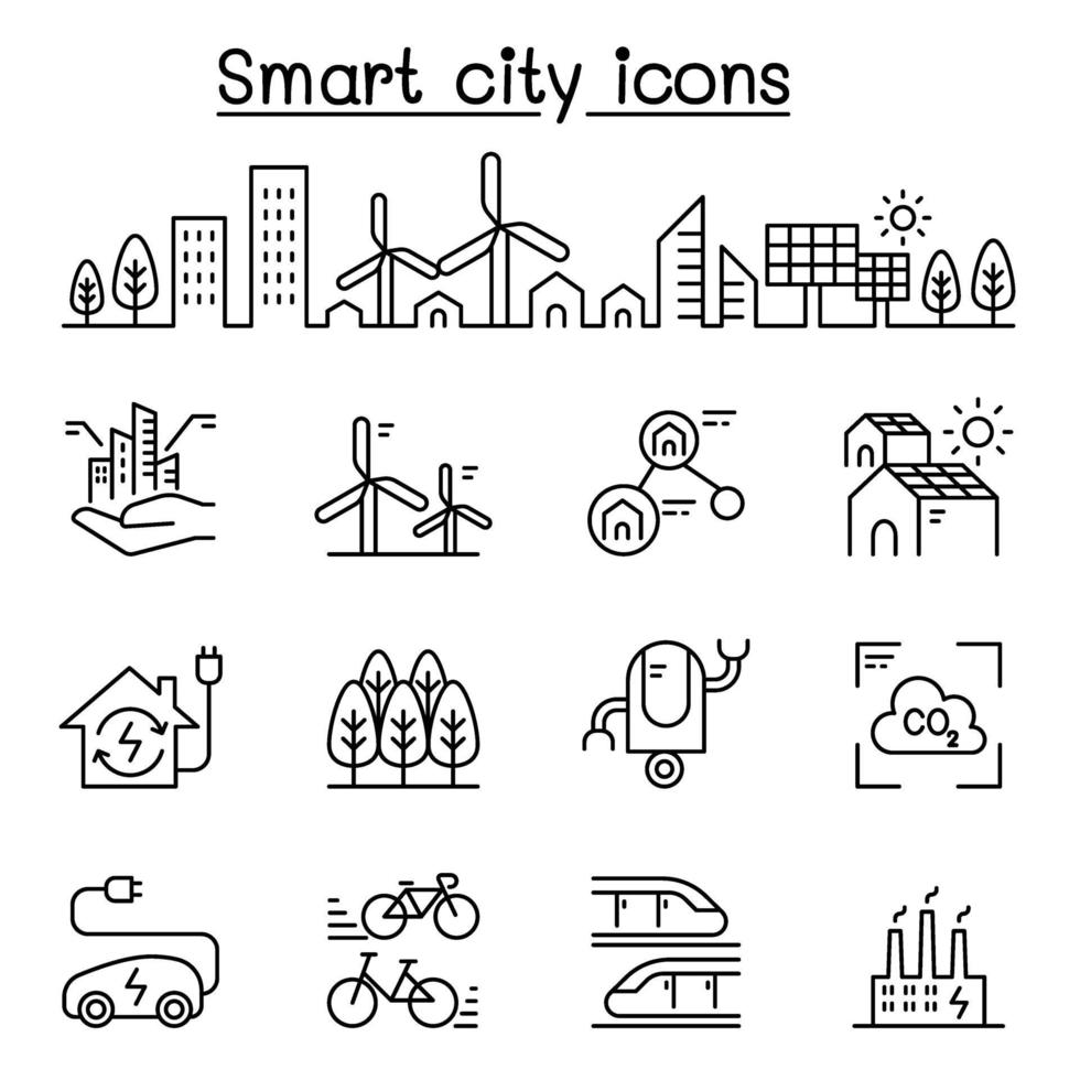 Smart city, Sustainable town, Eco friendly city icon set in thin line style vector