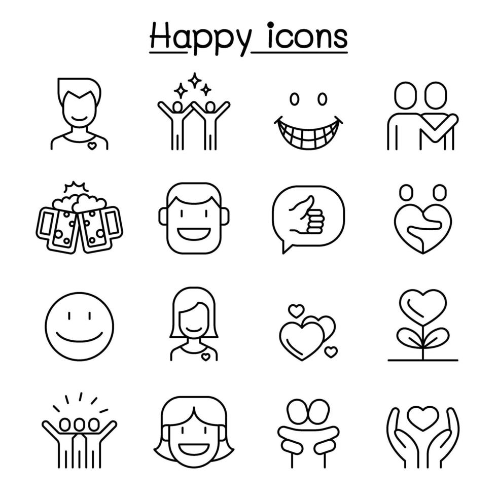 Happy icon set in thin line style vector