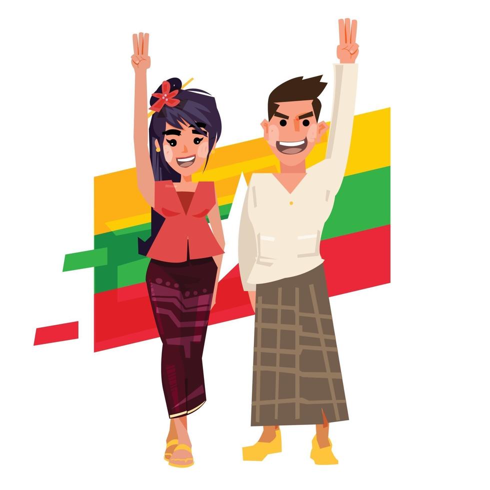 myanmar, hombre, mano, mujeres, levantar la mano, con, tres dedos, -, vector, ilustración vector