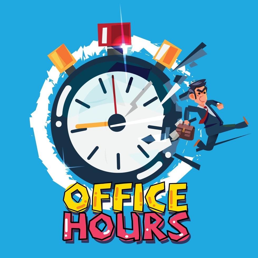 businessman runs from stopwatch. office hours concept. - vector illustration