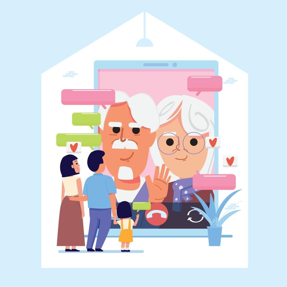 Family talks with old parents by video call - vector illustration